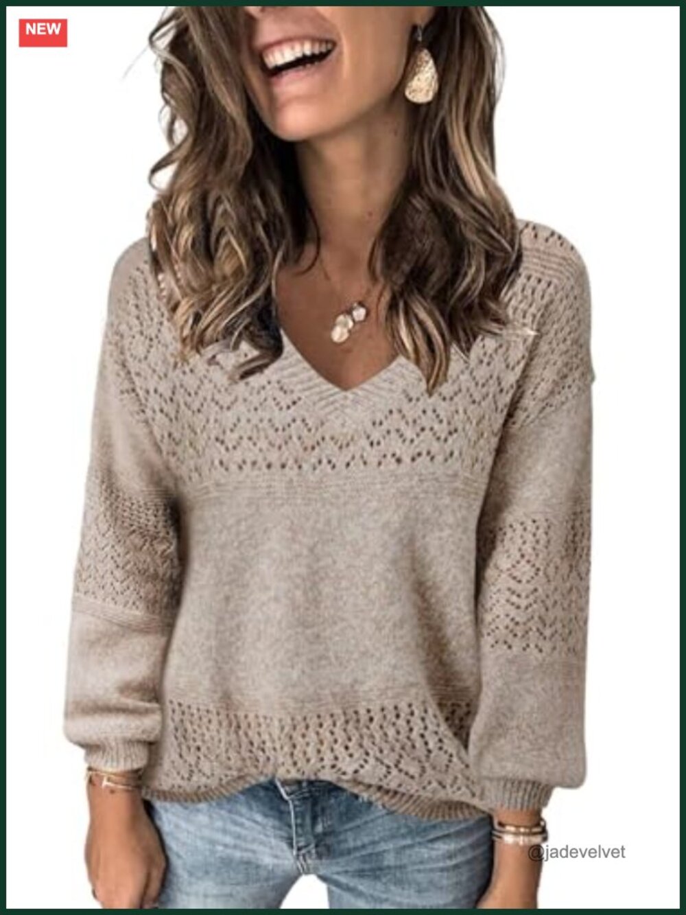 Women V Neck Long Sleeve Hollow Knit Crochet Sweater Pullover Lightweight
